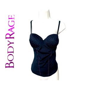 Body Rage Intimates Bustier Corset Top. Black with Hot Pink Rhinestones. Size L